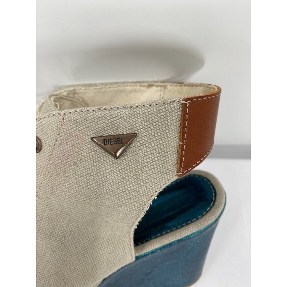 DIESEL Khaki Canvas  Peep Toe Blue Metallic Wedge Heel Shoes Women's Sz 40 (9) - Picture 2 of 12